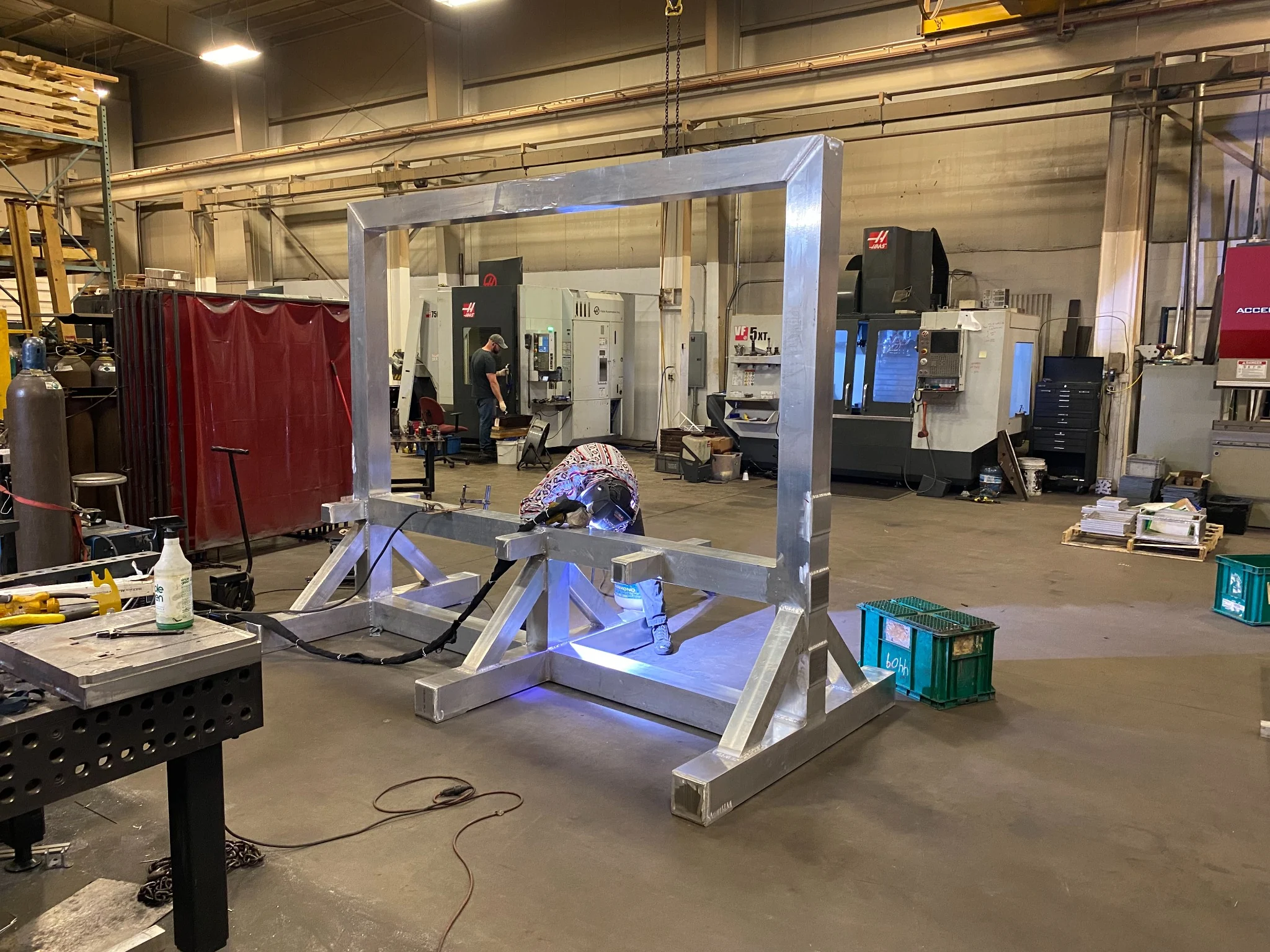 Large aluminum ground support weldment under fabrication